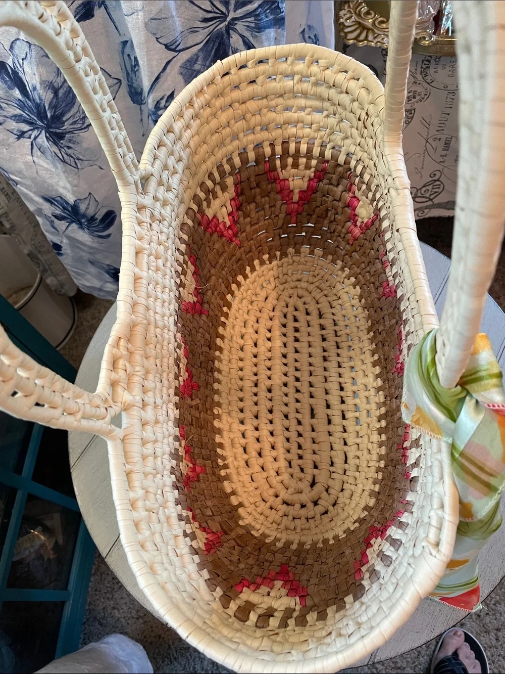 Woven Straw Tote Bag with Pink Accent and scarf